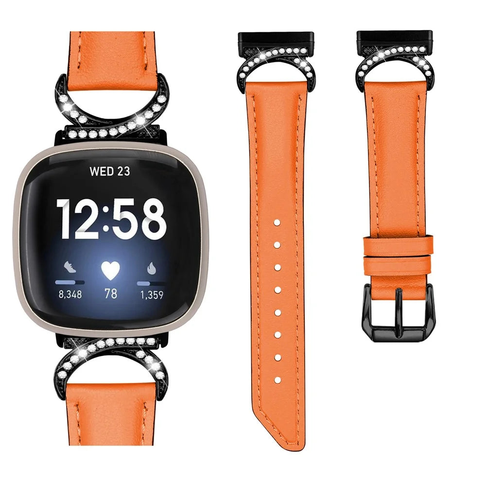 For Fitbit Versa 3 / Versa 4 / Sense / Sense 2 Split Leather Watch Strap Rhinestone D-shape Connector Wrist Band with Black Buckle - Orange - 3