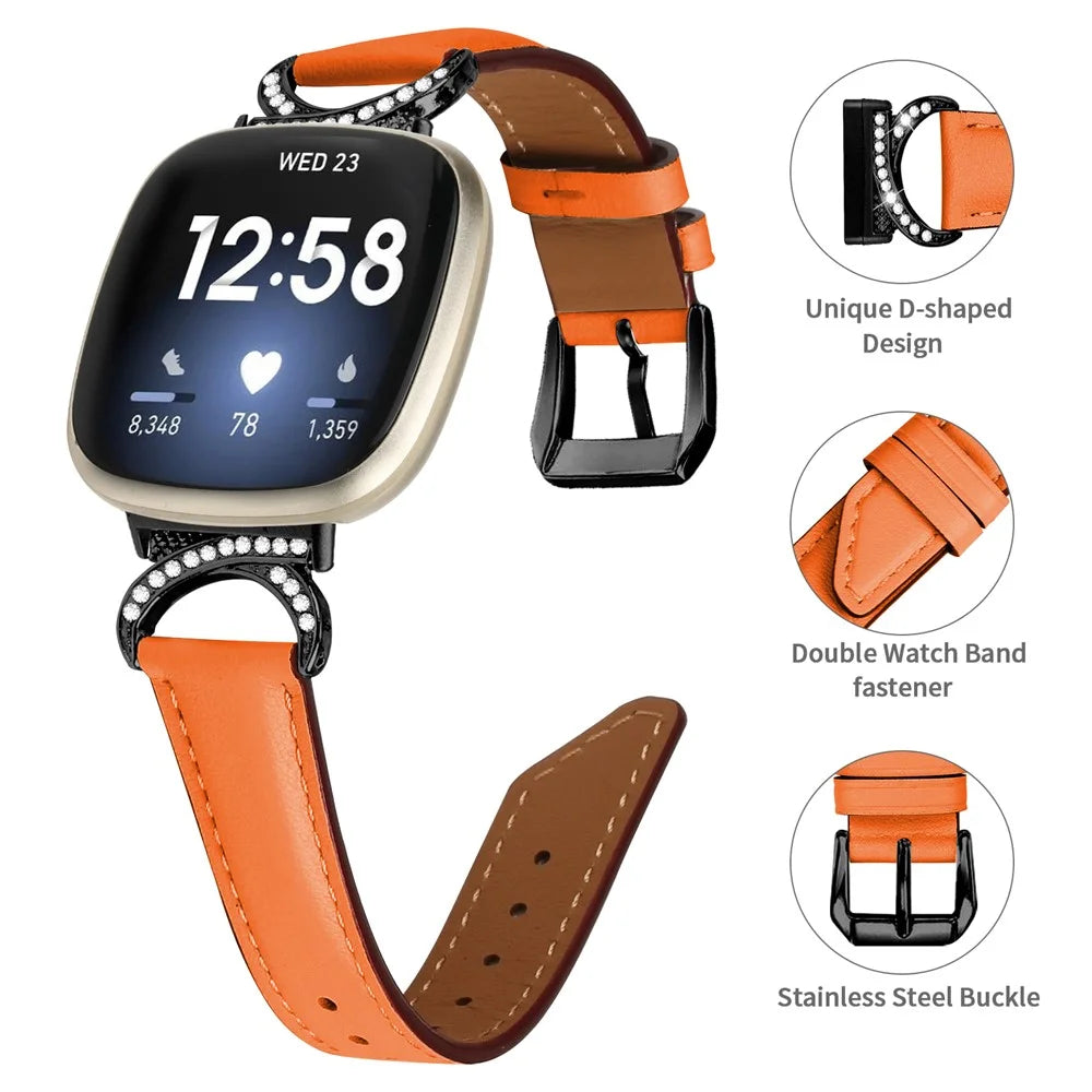 For Fitbit Versa 3 / Versa 4 / Sense / Sense 2 Split Leather Watch Strap Rhinestone D-shape Connector Wrist Band with Black Buckle - Orange - 4
