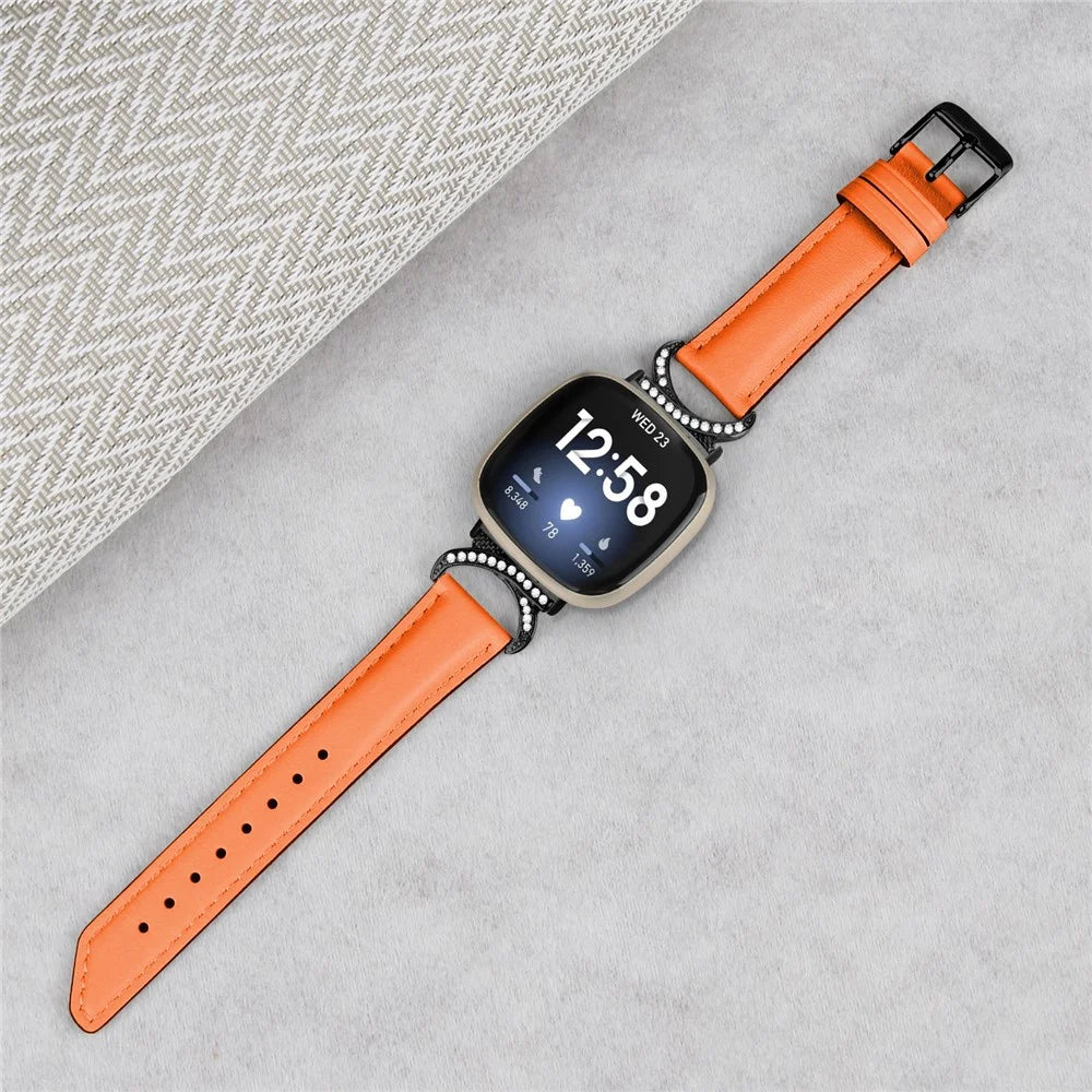 For Fitbit Versa 3 / Versa 4 / Sense / Sense 2 Split Leather Watch Strap Rhinestone D-shape Connector Wrist Band with Black Buckle - Orange - 5