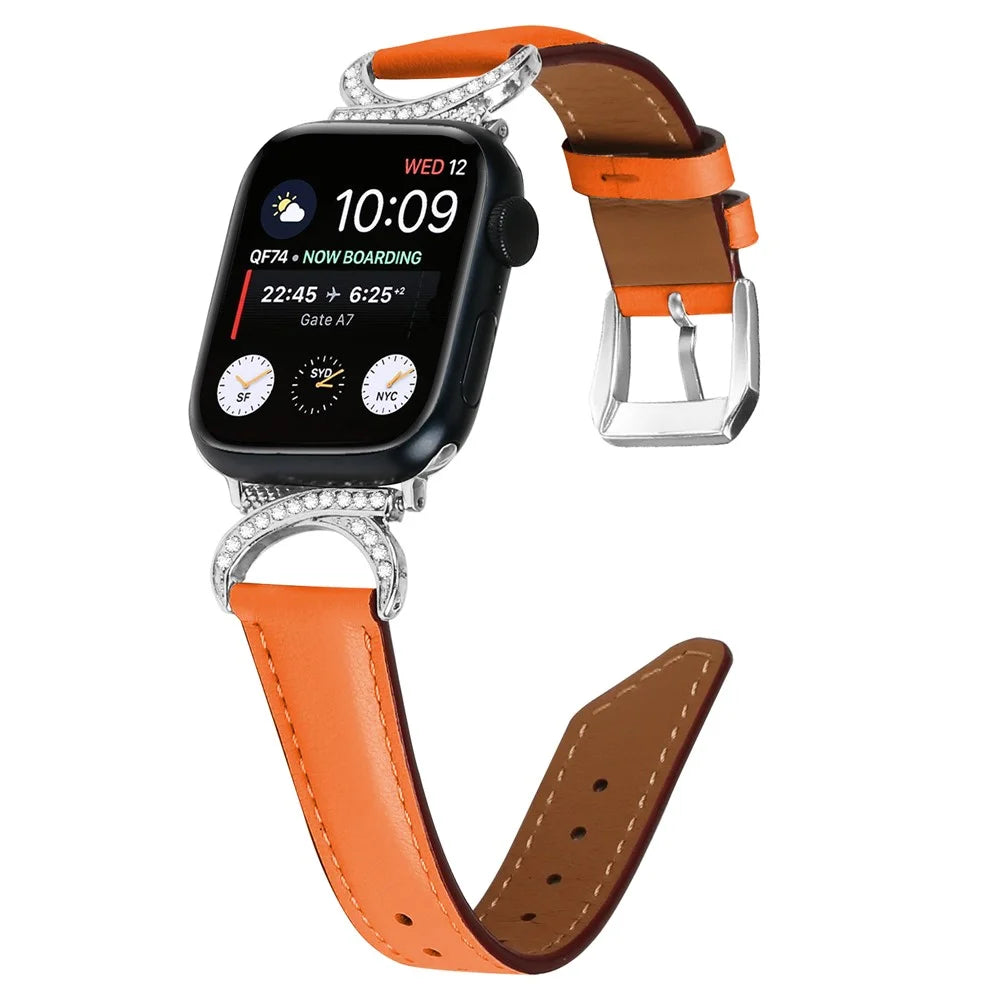 Genuine Cowhide Leather Watch Band for Apple Watch Series 11 10 42mm / 9 8 7 41mm / SE3 SE2 SE 6 5 4 40mm / 3 2 1 38mm  Rhinestone Decor Strap Bracelet Strap with Silver Buckle - Orange - 2