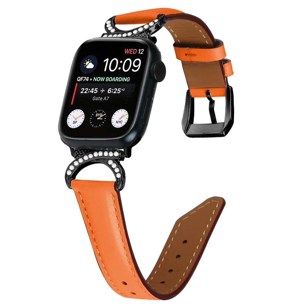 Genuine Cowhide Leather Band for Apple Watch Series 11 10 42mm / 9 8 7 41mm / SE3 SE2 SE 6 5 4 40mm / 3 2 1 38mm Rhinestone Decor Watch Strap with Black Buckle - Orange - 2