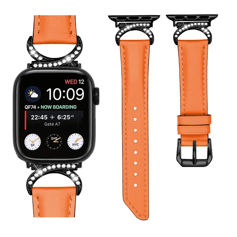 Genuine Cowhide Leather Band for Apple Watch Series 11 10 42mm / 9 8 7 41mm / SE3 SE2 SE 6 5 4 40mm / 3 2 1 38mm Rhinestone Decor Watch Strap with Black Buckle - Orange - 3