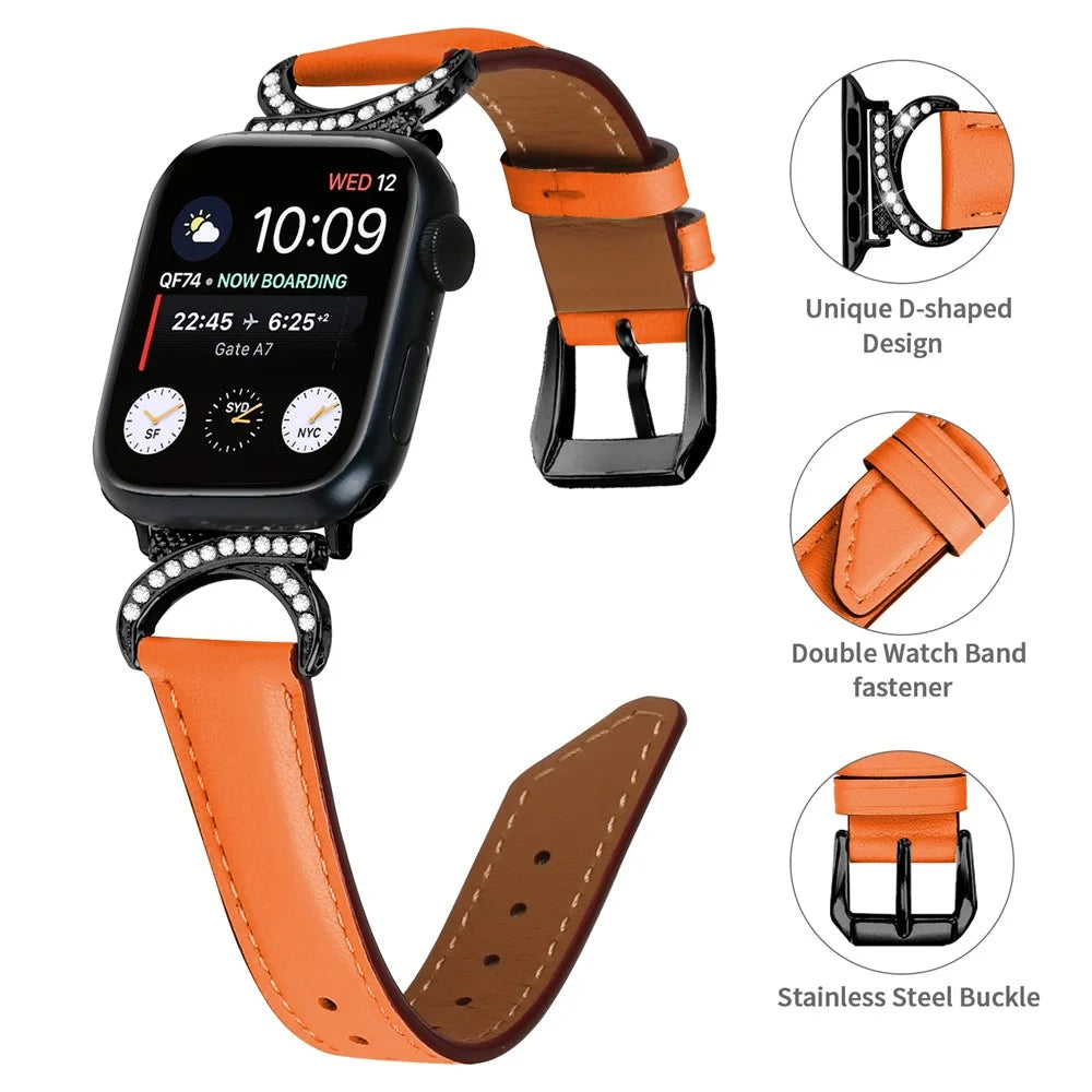 Genuine Cowhide Leather Band for Apple Watch Series 11 10 42mm / 9 8 7 41mm / SE3 SE2 SE 6 5 4 40mm / 3 2 1 38mm Rhinestone Decor Watch Strap with Black Buckle - Orange - 4