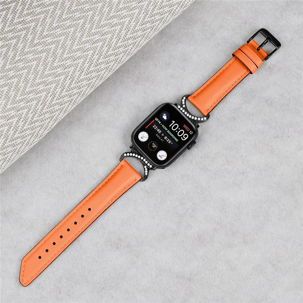 Genuine Cowhide Leather Band for Apple Watch Series 11 10 42mm / 9 8 7 41mm / SE3 SE2 SE 6 5 4 40mm / 3 2 1 38mm Rhinestone Decor Watch Strap with Black Buckle - Orange - 5