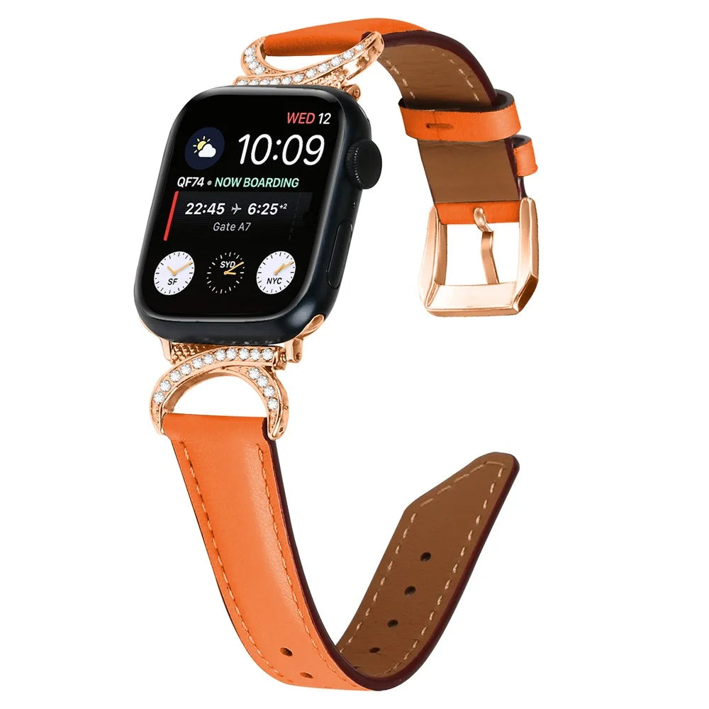 Rhinestone Watch Band for Apple Watch Series 11 10 42mm / 9 8 7 41mm / SE3 SE2 SE 6 5 4 40mm / 3 2 1 38mm Genuine Cowhide Leather Strap with Rose Gold Buckle - Orange - 2