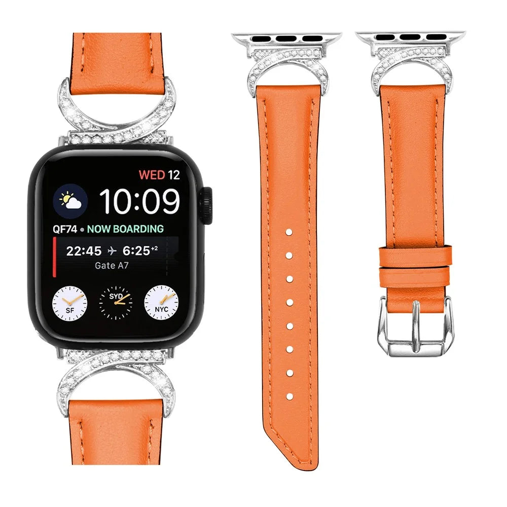 Band for Apple Watch Ultra 3 2 1 49mm / Series 11 10 46mm / 9 8 7 45mm / SE3 SE2 SE 6 5 4 44mm / 3 2 1 42mm Genuine Cowhide Leather Rhinestone Strap with Silver Buckle - Orange - 3
