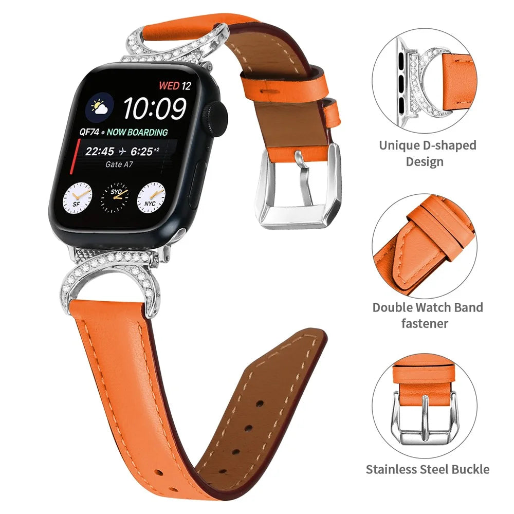Band for Apple Watch Ultra 3 2 1 49mm / Series 11 10 46mm / 9 8 7 45mm / SE3 SE2 SE 6 5 4 44mm / 3 2 1 42mm Genuine Cowhide Leather Rhinestone Strap with Silver Buckle - Orange - 4