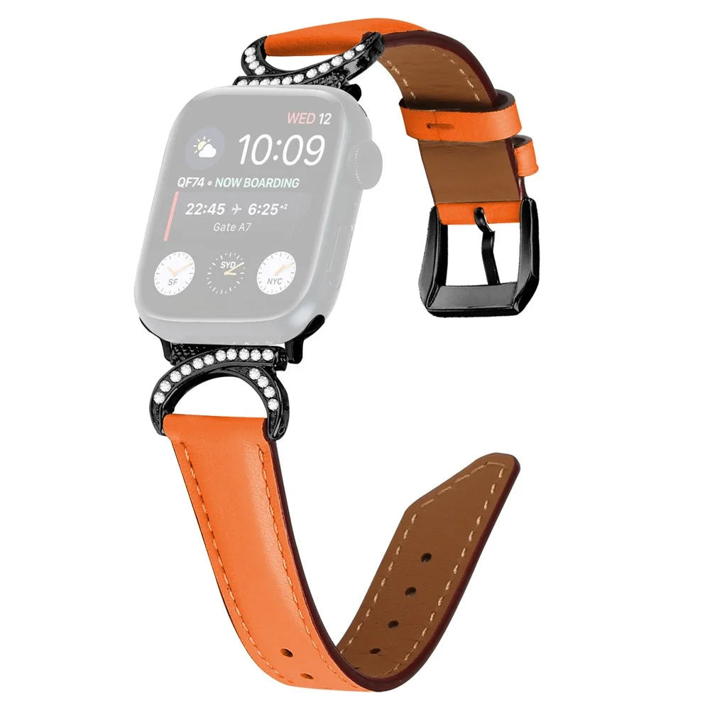 Genuine Cowhide Leather Wristband for Apple Watch Ultra 3 2 1 49mm / Series 11 10 46mm / 9 8 7 45mm / SE3 SE2 SE 6 5 4 44mm / 3 2 1 42mm Rhinestone Strap with Black Buckle - Orange - 1