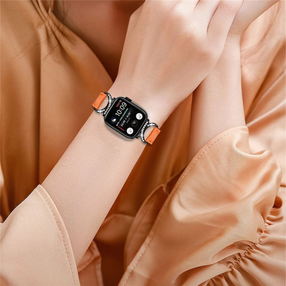 Genuine Cowhide Leather Wristband for Apple Watch Ultra 3 2 1 49mm / Series 11 10 46mm / 9 8 7 45mm / SE3 SE2 SE 6 5 4 44mm / 3 2 1 42mm Rhinestone Strap with Black Buckle - Orange - 6