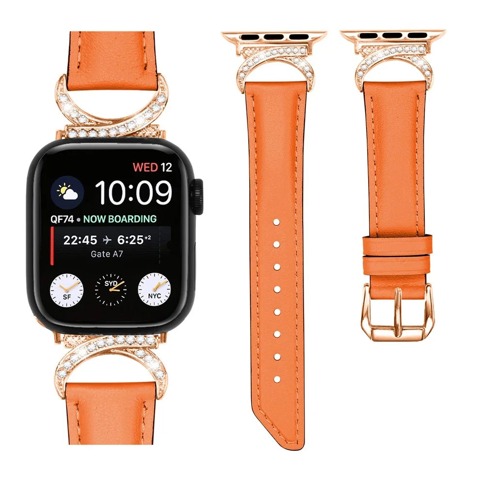 For Apple Watch Ultra 3 2 1 49mm / Series 11 10 46mm / 9 8 7 45mm / SE3 SE2 SE 6 5 4 44mm / 3 2 1 42mm Rhinestone Decor Genuine Cowhide Leather Strap with Rose Gold Buckle - Orange - 3