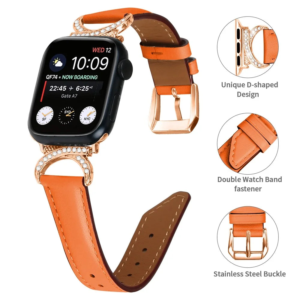 For Apple Watch Ultra 3 2 1 49mm / Series 11 10 46mm / 9 8 7 45mm / SE3 SE2 SE 6 5 4 44mm / 3 2 1 42mm Rhinestone Decor Genuine Cowhide Leather Strap with Rose Gold Buckle - Orange - 4