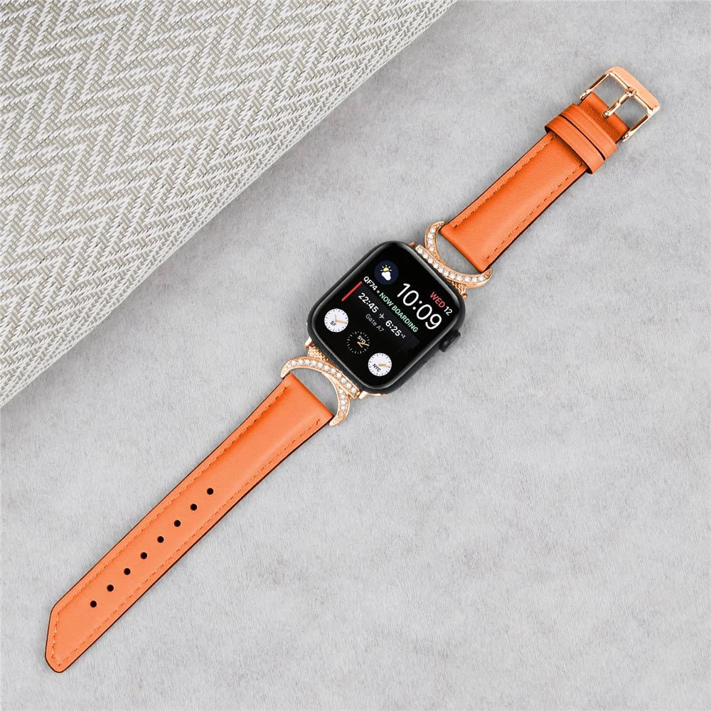 For Apple Watch Ultra 3 2 1 49mm / Series 11 10 46mm / 9 8 7 45mm / SE3 SE2 SE 6 5 4 44mm / 3 2 1 42mm Rhinestone Decor Genuine Cowhide Leather Strap with Rose Gold Buckle - Orange - 5