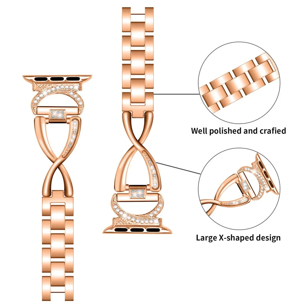 Watch Band for Apple Watch Ultra 3 2 1 49mm / Series 11 10 46mm / 9 8 7 45mm / SE3 SE2 SE 6 5 4 44mm / 3 2 1 42mm Rhinestones Decor Alloy Strap - Rose Gold - 3