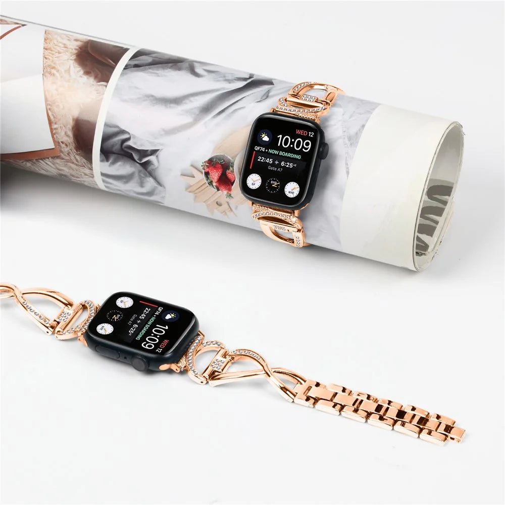 Watch Band for Apple Watch Ultra 3 2 1 49mm / Series 11 10 46mm / 9 8 7 45mm / SE3 SE2 SE 6 5 4 44mm / 3 2 1 42mm Rhinestones Decor Alloy Strap - Rose Gold - 4