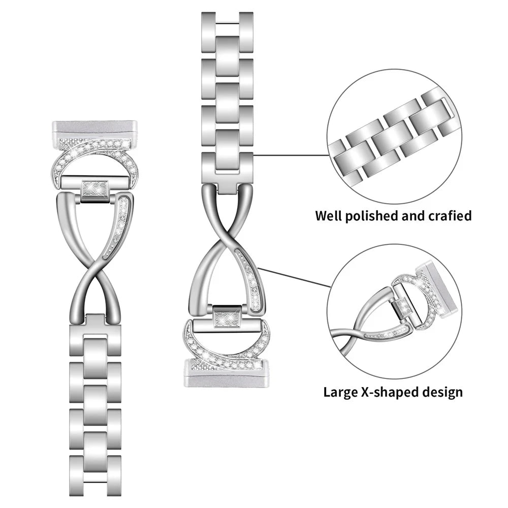 Alloy Watch Band for Fitbit Versa 3 / Versa 4 / Sense 2 , Rhinestones Decor Strap Stylish Bling Bracelet - Silver - 3