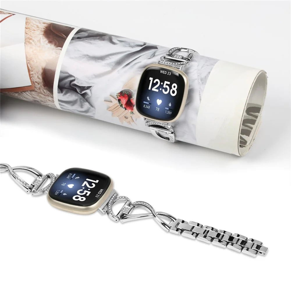 Alloy Watch Band for Fitbit Versa 3 / Versa 4 / Sense 2 , Rhinestones Decor Strap Stylish Bling Bracelet - Silver - 4