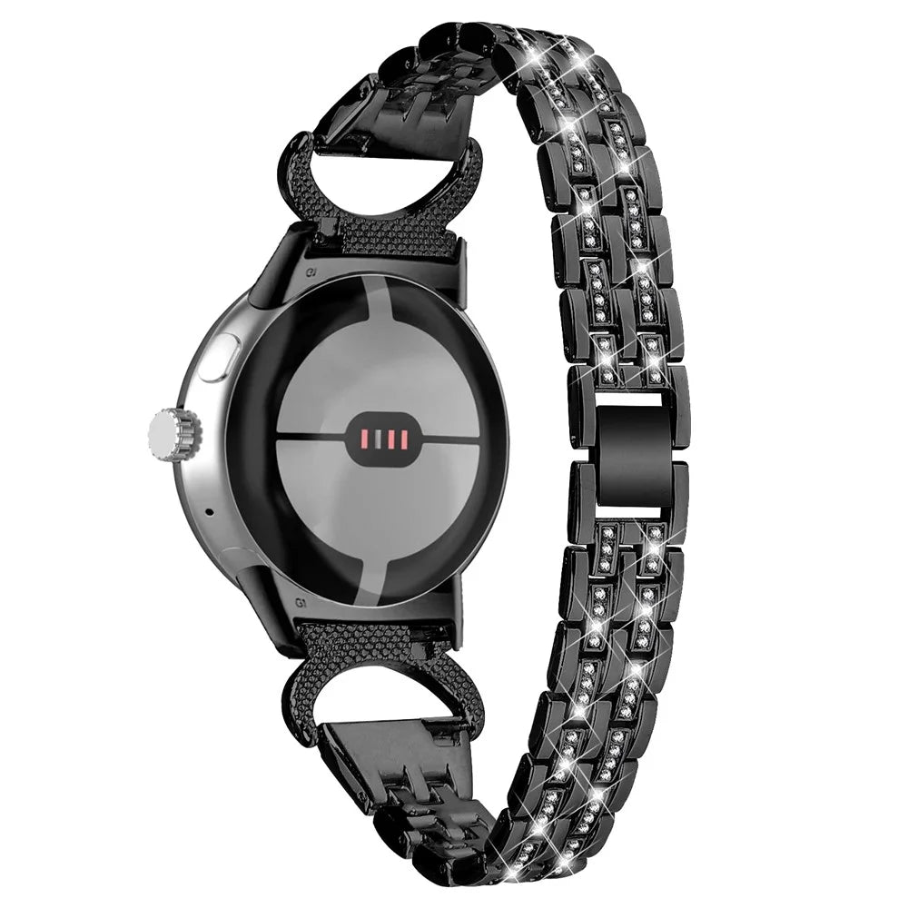 For Google Pixel Watch 4 41mm / Watch 3 41mm / Watch 2 / Watch Stainless Steel Band Rhinestone Decor 5-Bead Watch Strap Bracelet - Black - 1