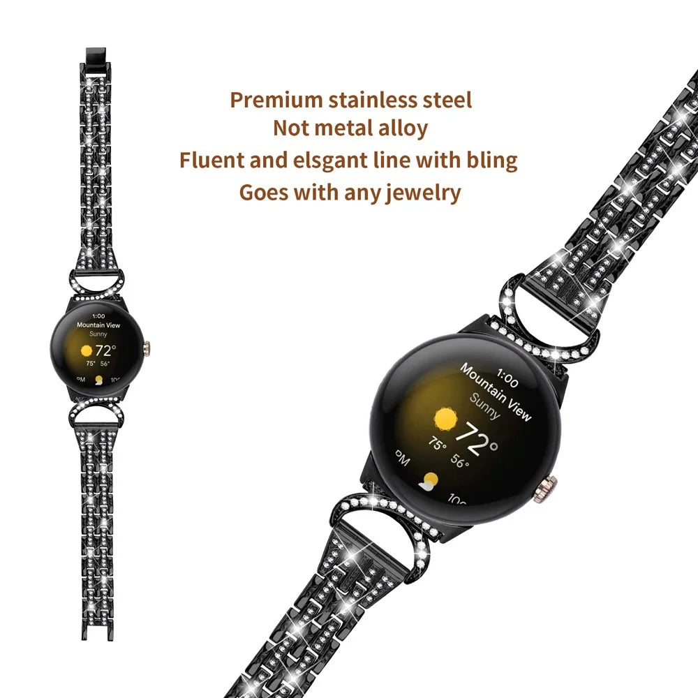For Google Pixel Watch 4 41mm / Watch 3 41mm / Watch 2 / Watch Stainless Steel Band Rhinestone Decor 5-Bead Watch Strap Bracelet - Black - 3