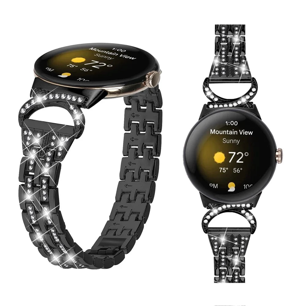For Google Pixel Watch 4 41mm / Watch 3 41mm / Watch 2 / Watch Stainless Steel Band Rhinestone Decor 5-Bead Watch Strap Bracelet - Black - 4
