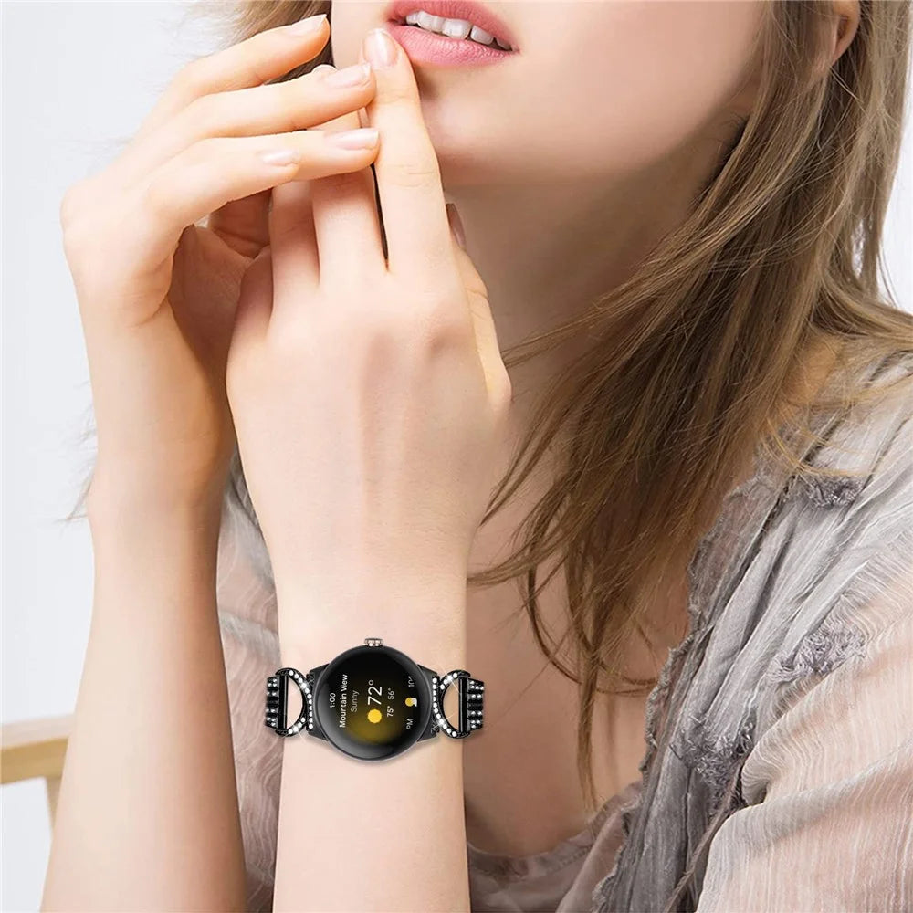 For Google Pixel Watch 4 41mm / Watch 3 41mm / Watch 2 / Watch Stainless Steel Band Rhinestone Decor 5-Bead Watch Strap Bracelet - Black - 7