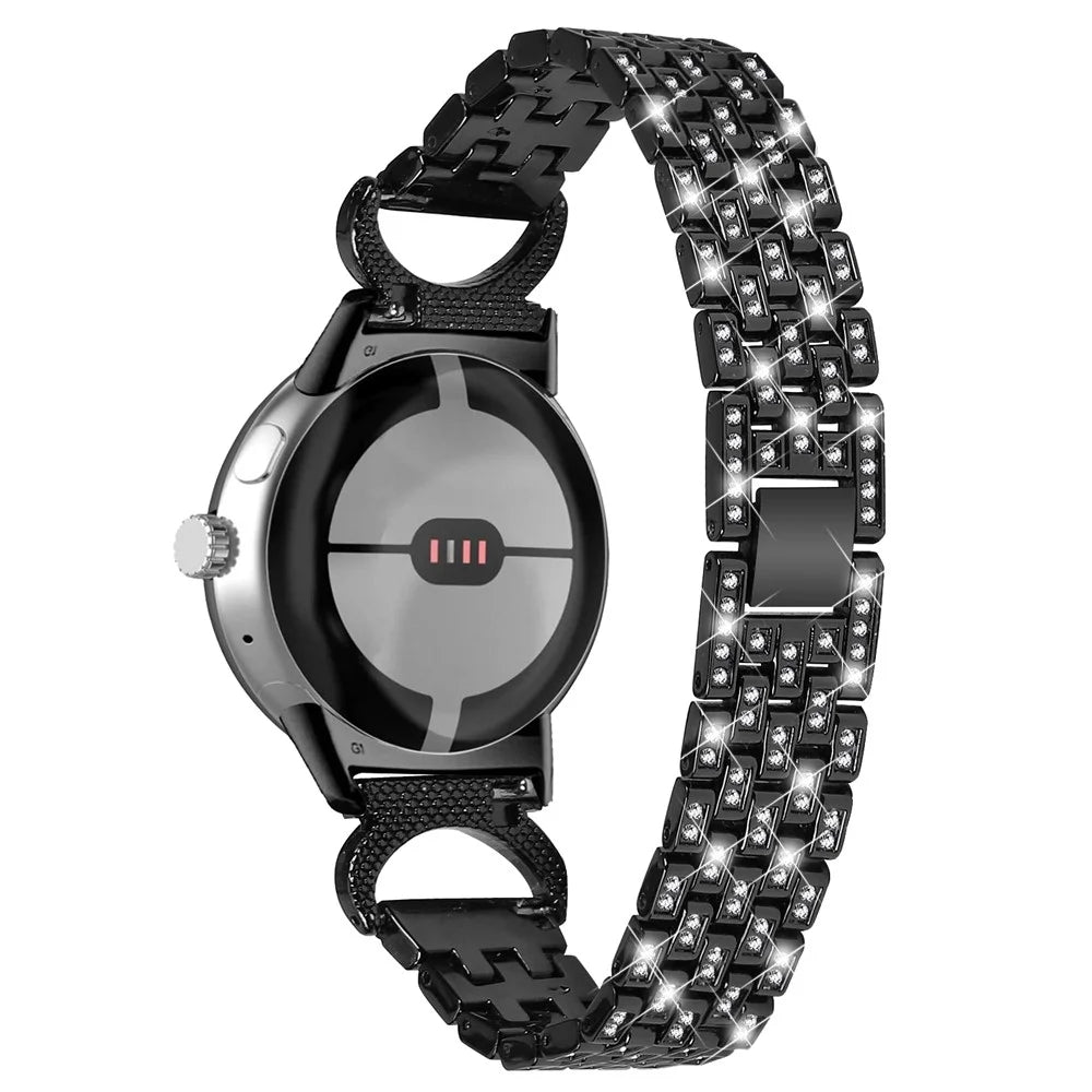 For Google Pixel Watch 4 41mm / Watch 3 41mm / Watch 2 / Watch Rhinestone Decor Metal Wristband Strap 5-Bead Stainless Steel Watch Band - Black - 1