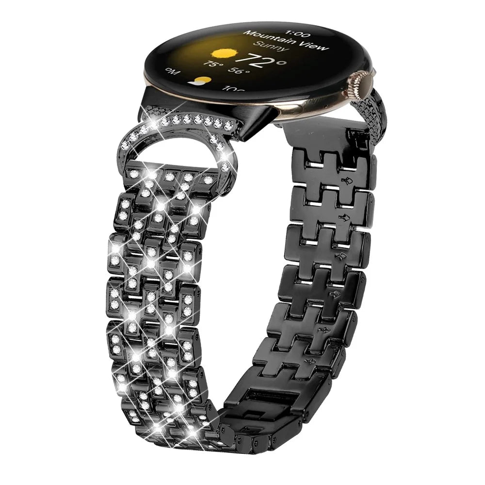 For Google Pixel Watch 4 41mm / Watch 3 41mm / Watch 2 / Watch Rhinestone Decor Metal Wristband Strap 5-Bead Stainless Steel Watch Band - Black - 2
