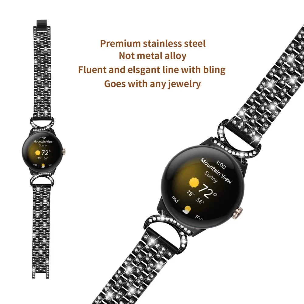 For Google Pixel Watch 4 41mm / Watch 3 41mm / Watch 2 / Watch Rhinestone Decor Metal Wristband Strap 5-Bead Stainless Steel Watch Band - Black - 3