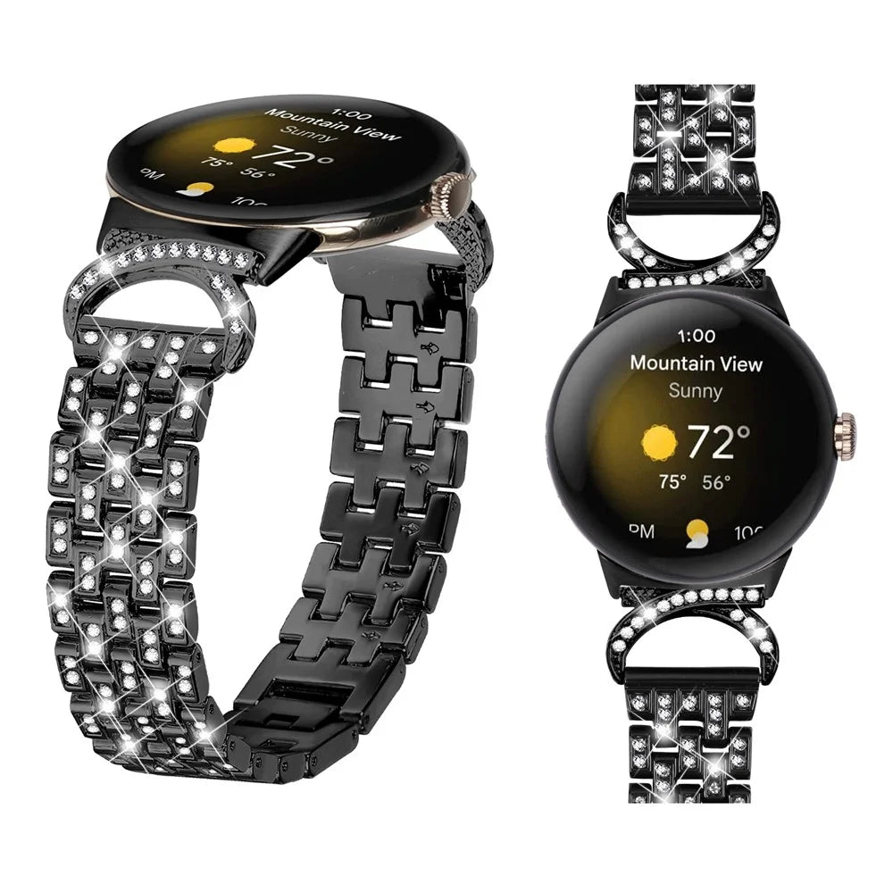 For Google Pixel Watch 4 41mm / Watch 3 41mm / Watch 2 / Watch Rhinestone Decor Metal Wristband Strap 5-Bead Stainless Steel Watch Band - Black - 4