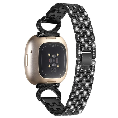 For Fitbit Versa 4 / Sense 2 Stainless Steel Watch Band 5-Bead Rhinestone Decor Straps - Black - 1