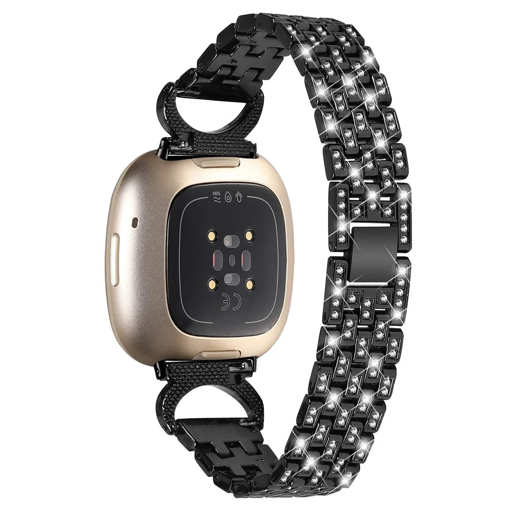 For Fitbit Versa 4 / Sense 2 Stainless Steel Watch Band 5-Bead Rhinestone Decor Straps - Black - 1