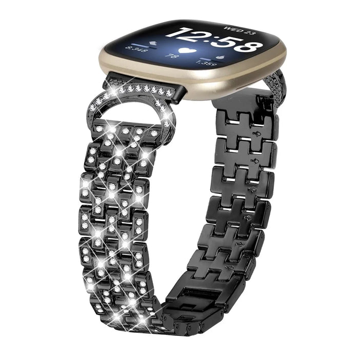For Fitbit Versa 4 / Sense 2 Stainless Steel Watch Band 5-Bead Rhinestone Decor Straps - Black - 2