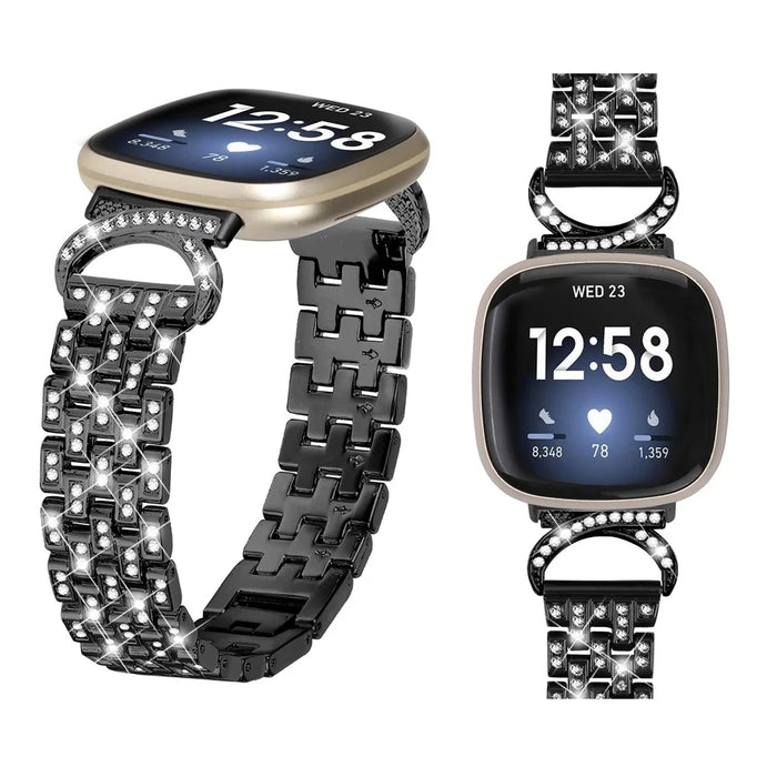 For Fitbit Versa 4 / Sense 2 Stainless Steel Watch Band 5-Bead Rhinestone Decor Straps - Black - 4