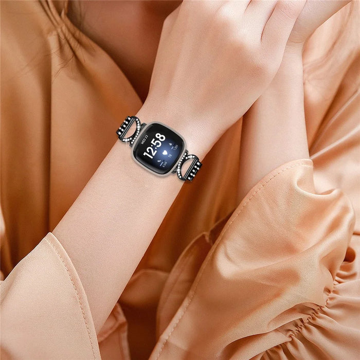 For Fitbit Versa 4 / Sense 2 Stainless Steel Watch Band 5-Bead Rhinestone Decor Straps - Black - 6
