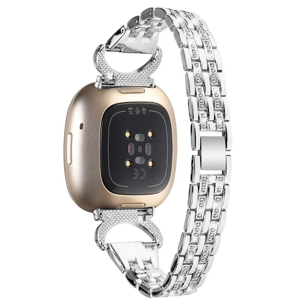 For Fitbit Versa 4 / Sense 2 Bling Rhinestone Decor Band 5-Bead Stainless Steel Watch Strap Bracelet - Silver - 1