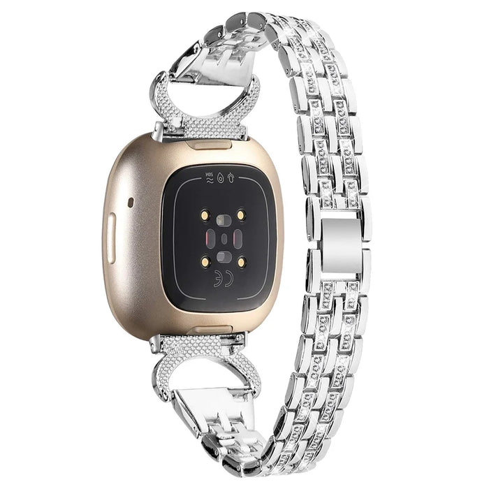 For Fitbit Versa 4 / Sense 2 Bling Rhinestone Decor Band 5-Bead Stainless Steel Watch Strap Bracelet - Silver - 1