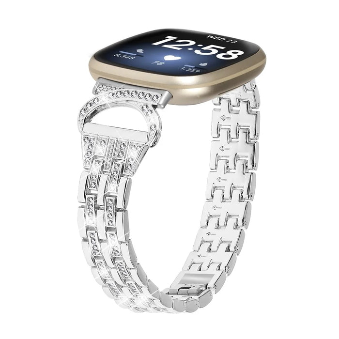 For Fitbit Versa 4 / Sense 2 Bling Rhinestone Decor Band 5-Bead Stainless Steel Watch Strap Bracelet - Silver - 2