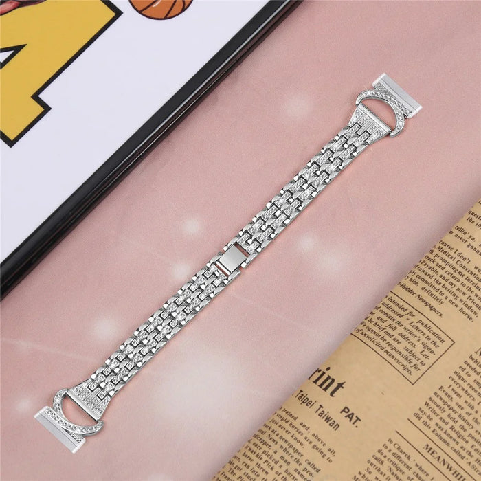 For Fitbit Versa 4 / Sense 2 Bling Rhinestone Decor Band 5-Bead Stainless Steel Watch Strap Bracelet - Silver - 5