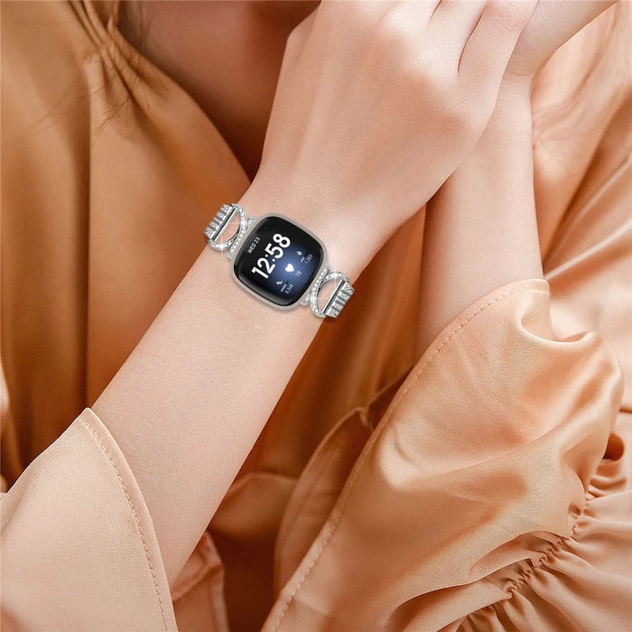 For Fitbit Versa 4 / Sense 2 Bling Rhinestone Decor Band 5-Bead Stainless Steel Watch Strap Bracelet - Silver - 6