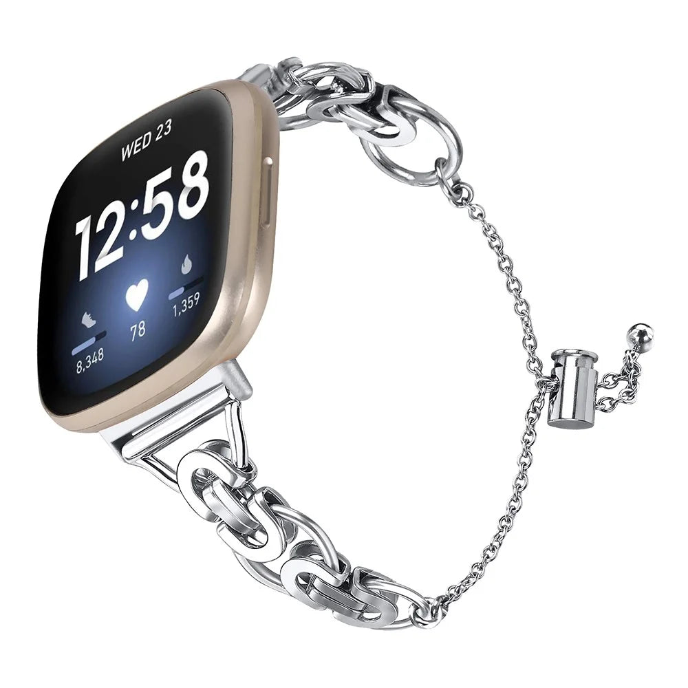 For Fitbit Versa 4 / Sense 2 Stainless Steel Watch Band Beaded Jewelry Bracelet - Silver - 2