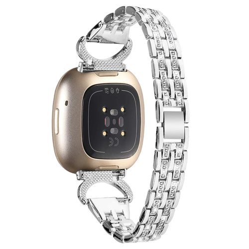 For Fitbit Versa 3 / Sense Stainless Steel Metal Wristband Rhinestone Decor 5-Bead Watch Strap - Silver - 1