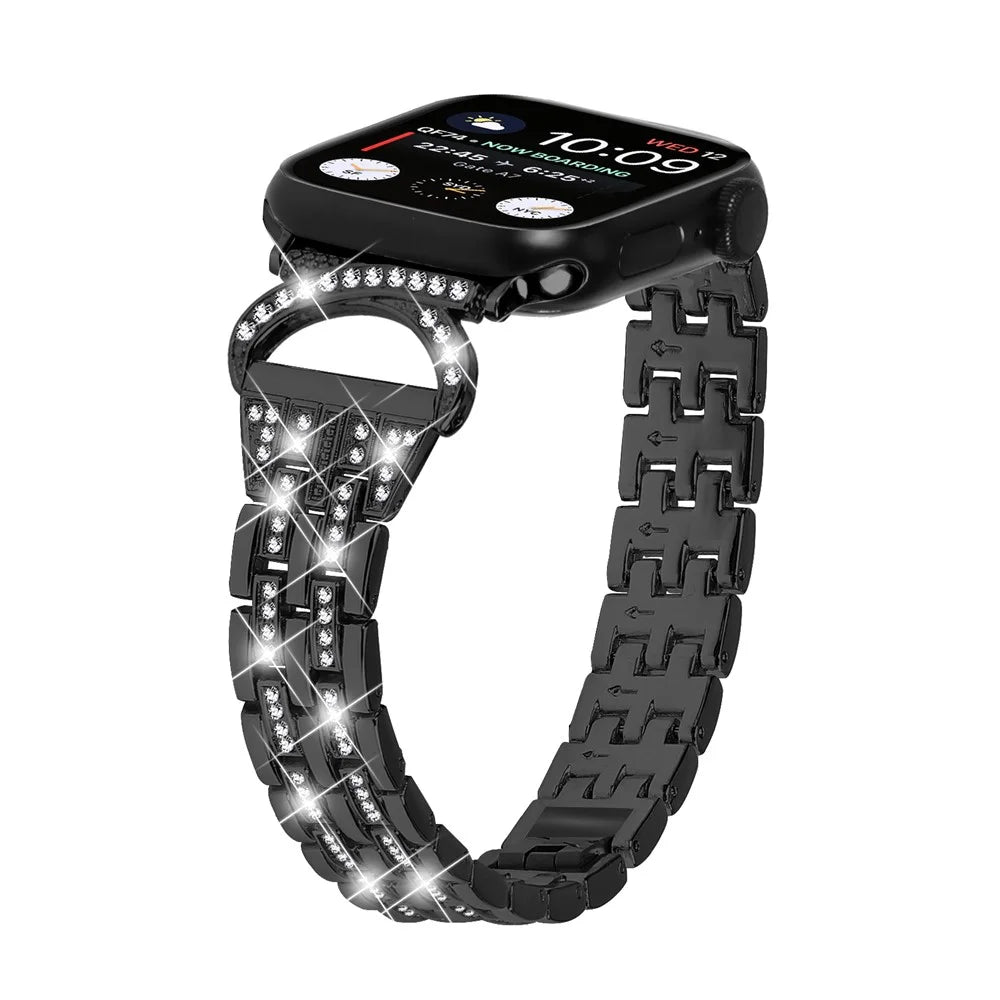 Watch Band for Apple Watch Series 11 10 42mm / 9 8 7 41mm / SE3 SE2 SE 6 5 4 40mm / 3 2 1 38mm Stainless Steel Rhinestone Decor 5-Bead Strap - Black - 2