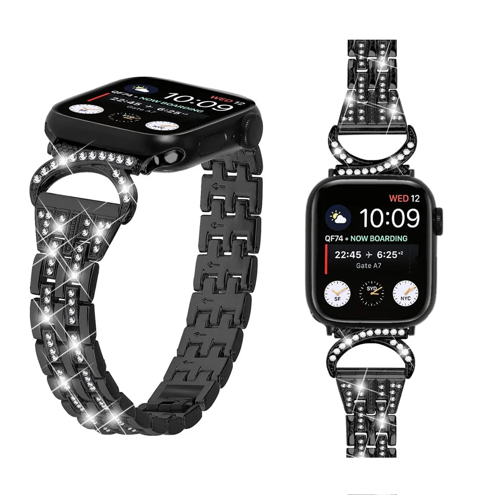 Watch Band for Apple Watch Series 11 10 42mm / 9 8 7 41mm / SE3 SE2 SE 6 5 4 40mm / 3 2 1 38mm Stainless Steel Rhinestone Decor 5-Bead Strap - Black - 4