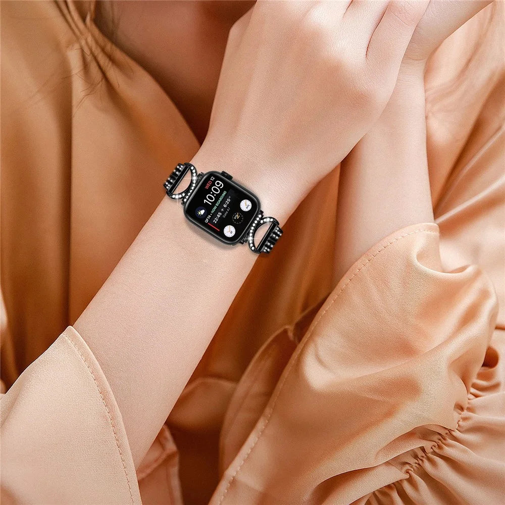 Watch Band for Apple Watch Series 11 10 42mm / 9 8 7 41mm / SE3 SE2 SE 6 5 4 40mm / 3 2 1 38mm Stainless Steel Rhinestone Decor 5-Bead Strap - Black - 6
