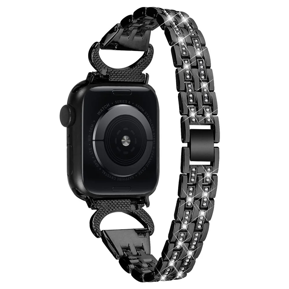 Metal Watch Band for Apple Watch Ultra 3 2 1 49mm / Series 11 10 46mm / 9 8 7 45mm / SE3 SE2 SE 6 5 4 44mm / 3 2 1 42mm , 5-Bead Rhinestone Decor Stainless Steel Bracelet - Black - 1