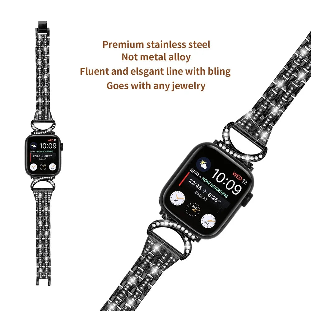 Metal Watch Band for Apple Watch Ultra 3 2 1 49mm / Series 11 10 46mm / 9 8 7 45mm / SE3 SE2 SE 6 5 4 44mm / 3 2 1 42mm , 5-Bead Rhinestone Decor Stainless Steel Bracelet - Black - 3
