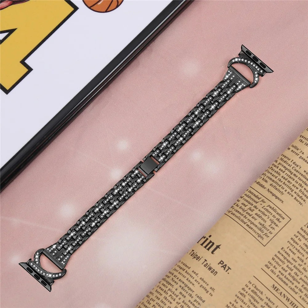 Metal Watch Band for Apple Watch Ultra 3 2 1 49mm / Series 11 10 46mm / 9 8 7 45mm / SE3 SE2 SE 6 5 4 44mm / 3 2 1 42mm , 5-Bead Rhinestone Decor Stainless Steel Bracelet - Black - 5