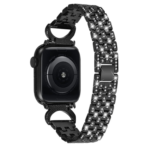 Bling Band Watch Strap for Apple Watch Series 11 10 42mm / 9 8 7 41mm / SE3 SE2 SE 6 5 4 40mm / 3 2 1 38mm Rhinestone Decor Stainless Steel 5-Bead Watch Strap - Black - 1