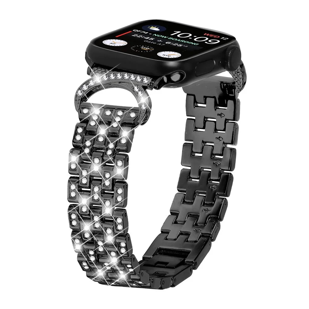 Bling Band Watch Strap for Apple Watch Series 11 10 42mm / 9 8 7 41mm / SE3 SE2 SE 6 5 4 40mm / 3 2 1 38mm Rhinestone Decor Stainless Steel 5-Bead Watch Strap - Black - 2