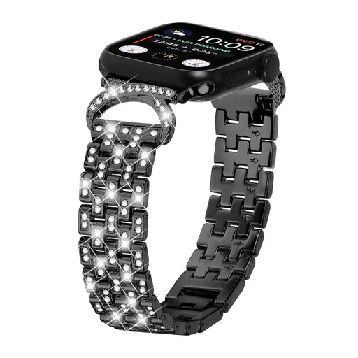 Bling Band Watch Strap for Apple Watch Series 11 10 42mm / 9 8 7 41mm / SE3 SE2 SE 6 5 4 40mm / 3 2 1 38mm Rhinestone Decor Stainless Steel 5-Bead Watch Strap - Black - 2