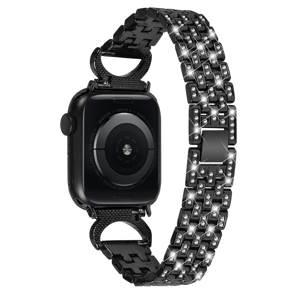 Stainless Steel Metal Strap for Apple Watch Ultra 3 2 1 49mm / Series 11 10 46mm / 9 8 7 45mm / SE3 SE2 SE 6 5 4 44mm / 3 2 1 42mm , 5-Bead Rhinestone Decor Watch Band - Black - 1